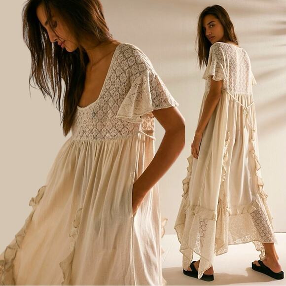 Free People Ethereal Bohemian Bring The Romance Midi Maxi Dress Neutral Large - Picture 3 of 16